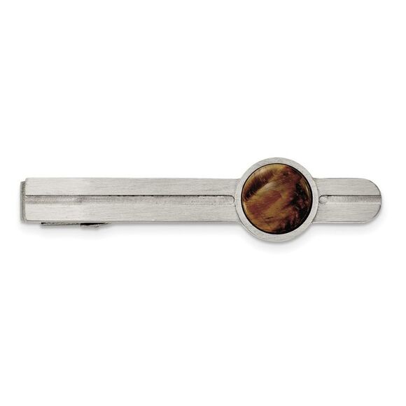 Stainless Steel & Brown Tiger's Eye Brushed Tie Bar Clip, 13 x 58mm - Picture 1 of 4